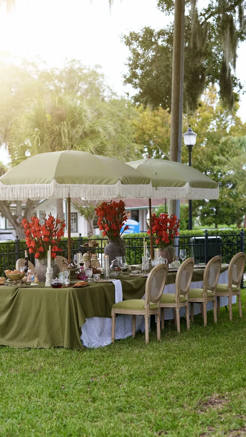 A garden table set for Afternoon Tea.