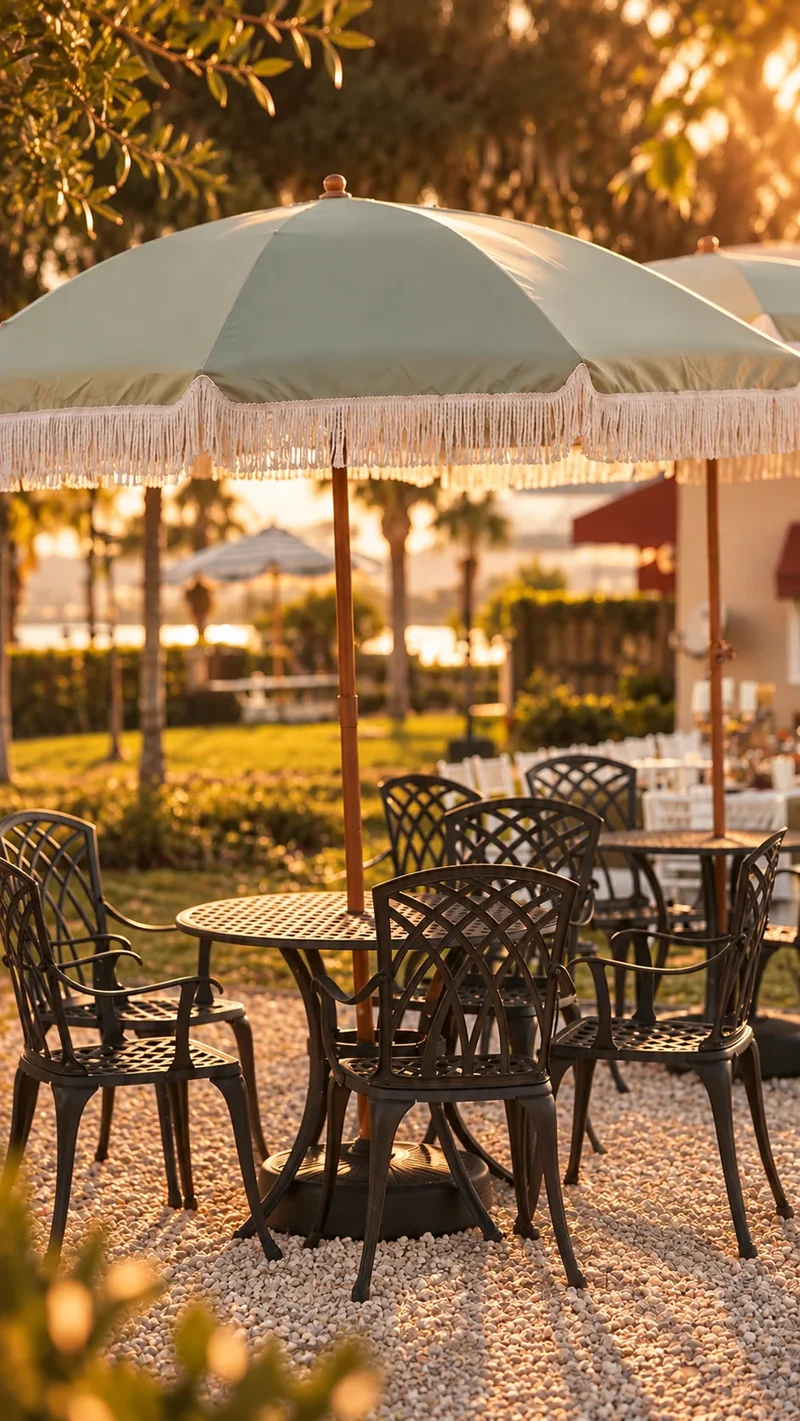 Maison Q outdoor café patio with sage umbrellas in Downtown Clermont, Florida.