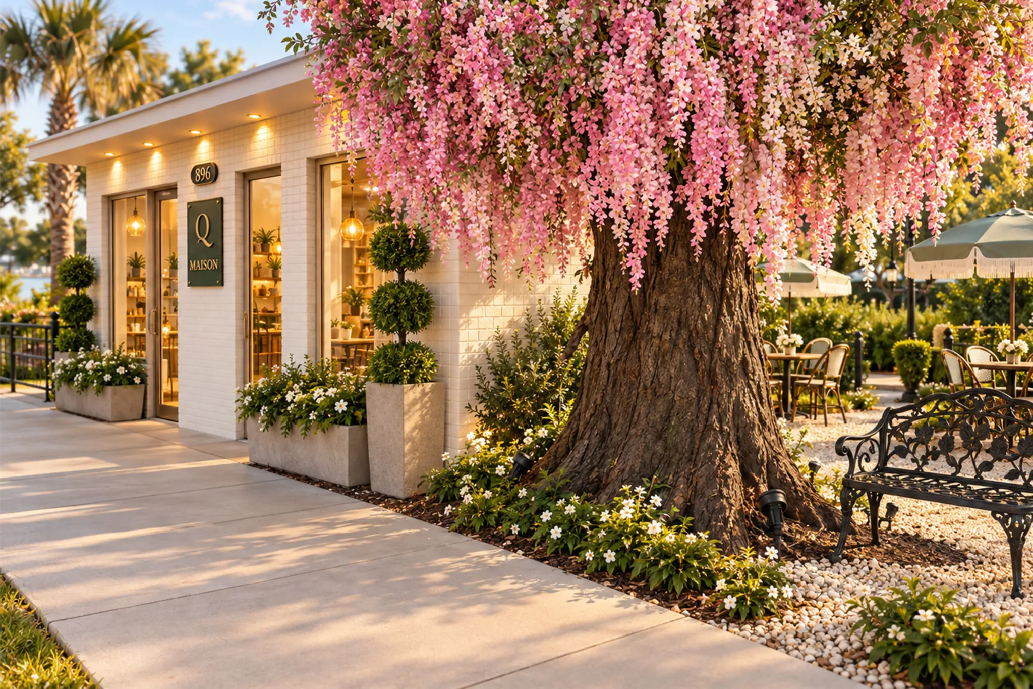 Maison Q bakery and café exterior beneath the flowering tree in Downtown Clermont, Florida